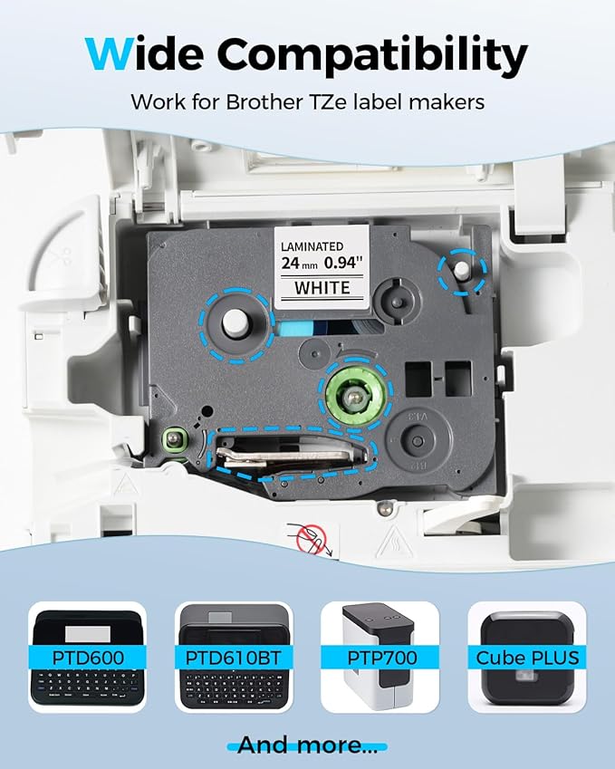 Tz Tape 24mm 0.94 Laminated White TZe-251 TZe251 Compatible with Brother Label Maker Tape 24 mm 1 Inch P Touch Refills for PT-D610 D610BT P700 P710BT Cube Plus Label Machine, 26.2 Feet (8m), 5-Pack