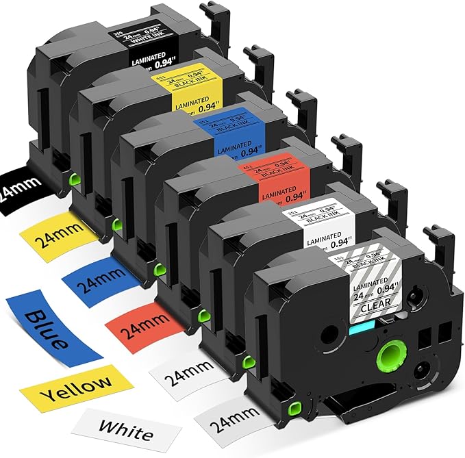Replacement for Brother P Touch Label Maker Tape 1 Inch TZe TZ Tape 24mm 0.94 Laminated Multicolor, Compatible with PT-D600 PT-D610BT PT-P700 PT-P710BT, Clear/White/Red/Blue/Yellow/Black, 6-Pack