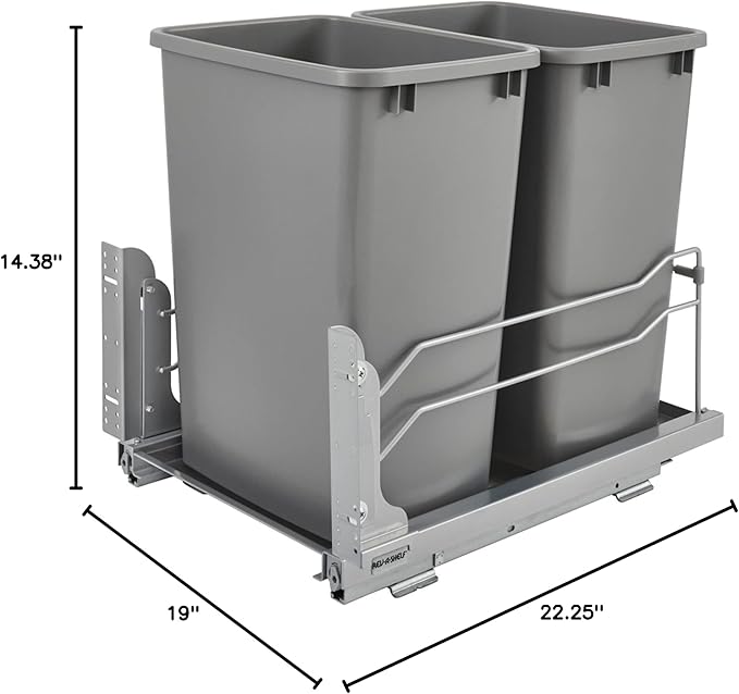 Rev-A-Shelf Double Pullout for Under Kitchen Cabinets 35 Quart 8.75 Gallon with Soft-Close Slides, Metallic Silver, 53WC-1835SCDM-217