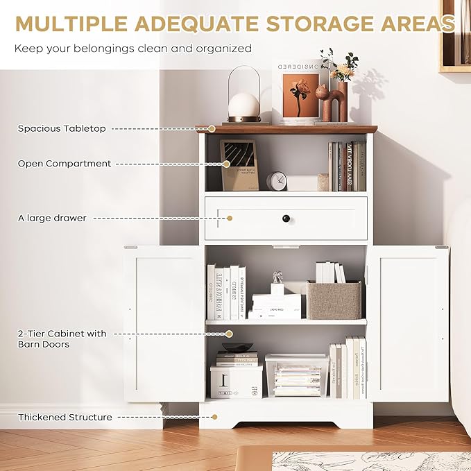 Viroformo Floor Cabinet, Farmhouse Storage Cabinet with Barn Doors and Drawer, 11.81" D x 23.62" W x 39.37" H White Freestanding Adjustable Shelf Organizer for Bathroom, Kitchen, Living Room