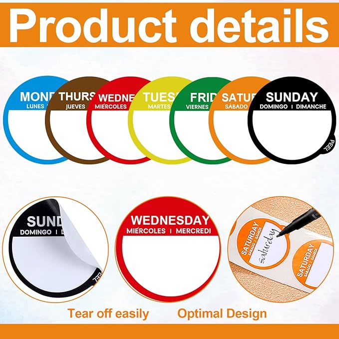7000 Pcs Day of The Week Labels Food Labels Monday Through Sunday Management Inventory Stickers Removable Weekly Self Adhesive Date Dot Stickers for Restaurant Kitchen Containers Dispenser