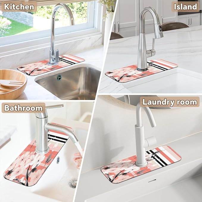 Petals Stripe Kitchen Faucet Mat Splash Guard, 15.4”x5.7” Absorbent Quick Drying Sink Mat for Countertop Protection, Draining Mat Sink Protectors For Kitchen Bathroom, 1 Pack