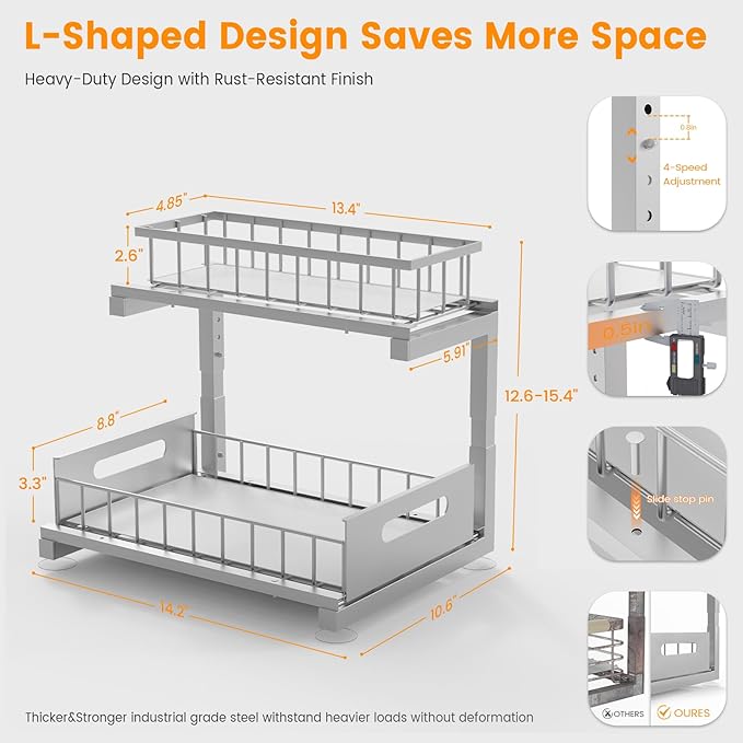 Toyear Under Sink Organizer, Heavy Duty Metal Pull Out Cabinet Organizer Slide Out Sink Shelf Organizer Height Adjustable, Multi-Purpose Storage Shelf for Kitchen Bathroom(Sliver,2Pack)