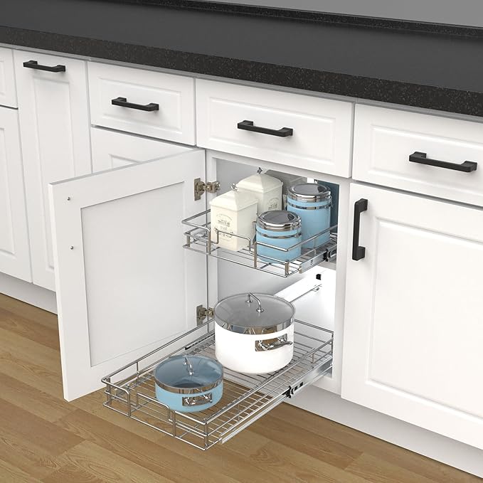Pulloutor Pull Out Cabinet Organizer, (11" W x 21" D) Slide Out Kitchen Cabinet Storage Shelf and Drawer Organizer NEED 12" W and 22" D Cabinet, Chrome Finish