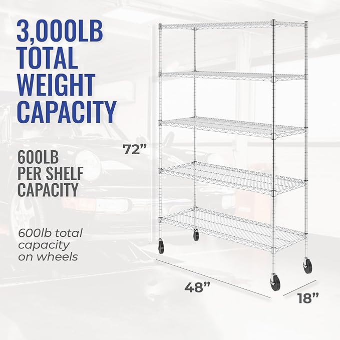 SafeRacks - NSF Certified Storage Shelves, Zinc, Heavy Duty Steel Wire Unit with Wheels and Adjustable Feet, Garage or Bakers Rack, Kitchen, Pantry Shelf - (18"x48"x72" 5-Tier) (Silver)