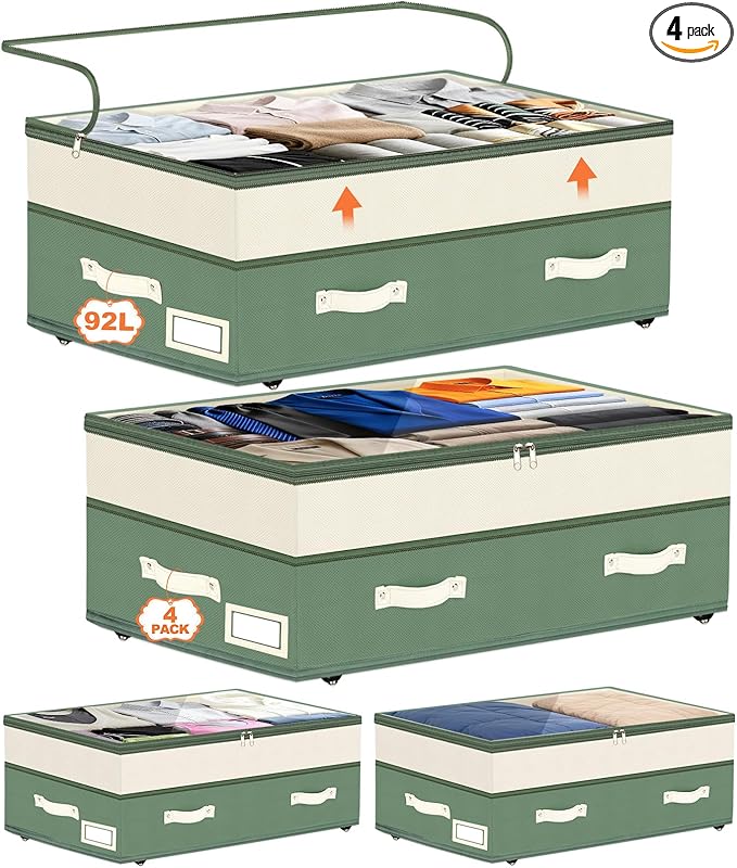 Dolicer 4 Pack Under Bed Storage with Wheels, 6in-10in Height Adjustable Underbed Storage Containers, 92L XXXL Under Bed Drawers Rolling Bin with Clear Lids for Dorm Shoes Clothes Organizers(Green)