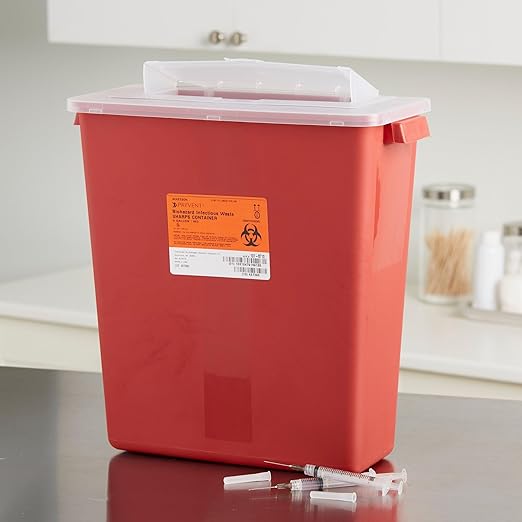 McKesson Sharps Container, Stackable, Locking Lid, Red, 3 gal, 12 in x 6 in x 13.5 in (L x D x H), 12 Count