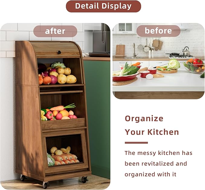 Movable Potato and Onion Storage Bins Box, Mid Century Modern Fruit and Vegetable Basket Storage with Sliding Door and Wheels, Food Kitchen Pantry Cabinet, Wooden Bread Storage, Walnut, Flip-top