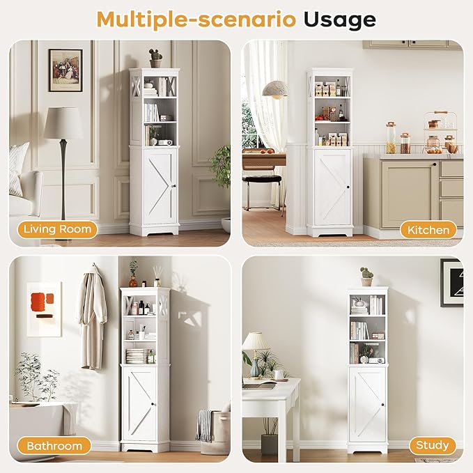 Viroformo Narrow Bathroom Storage Cabinet with Door and Open Adjustable Shelves, 60.9" H Wooden Tall Tower Corner Farmhouse Cabinet, Freestanding Organizer for Kitchen, Entryway White