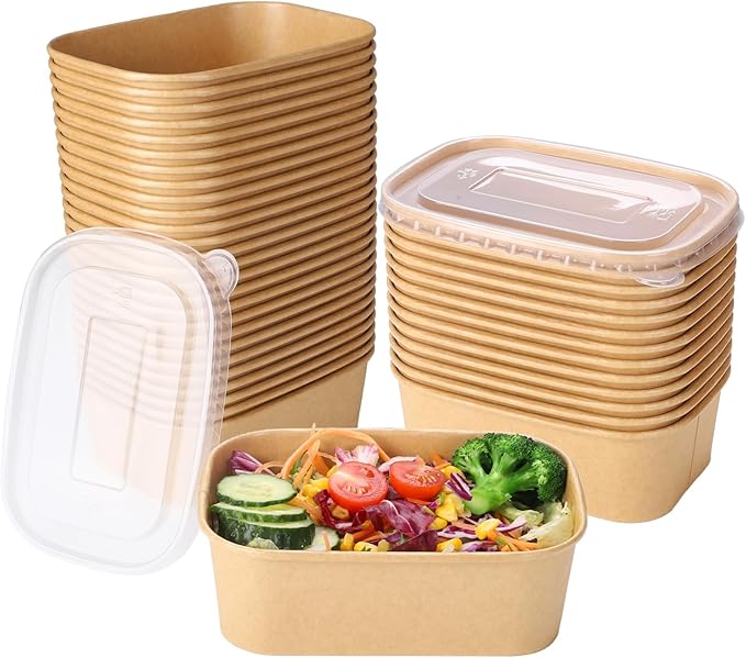 Belinlen 50 Sets 25oz Disposable Kraft Paper Bowls with Lids, Rectangle Paper Food Containers with Lids, Salad Bowls for Hot/Cold Food, Soup, Meal Prep, Ice Cream, Takeout, Party Supplies(750ml)
