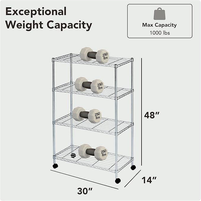 Heavy Duty 4 Tier Wire Shelving Unit Storage Rack, Metal Shelves Utility Organizers, Organization Units for Products, Plant, Pantry, Garage, Laundry Durable Shelf Stand, Chrome, 14"W x 30"L X 48"H