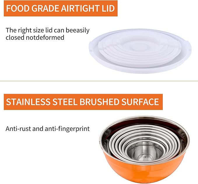 Onlycooker Orange Mixing Bowls With Airtight Lids,Stainless Steel Bowl,Salad Bowls 7 Piece Colorful Nesting Bowl Orange Kitchen Accessories,Size 7,3.6,2.7,2.1,1.5,1.1,0.8QT Stackable Design