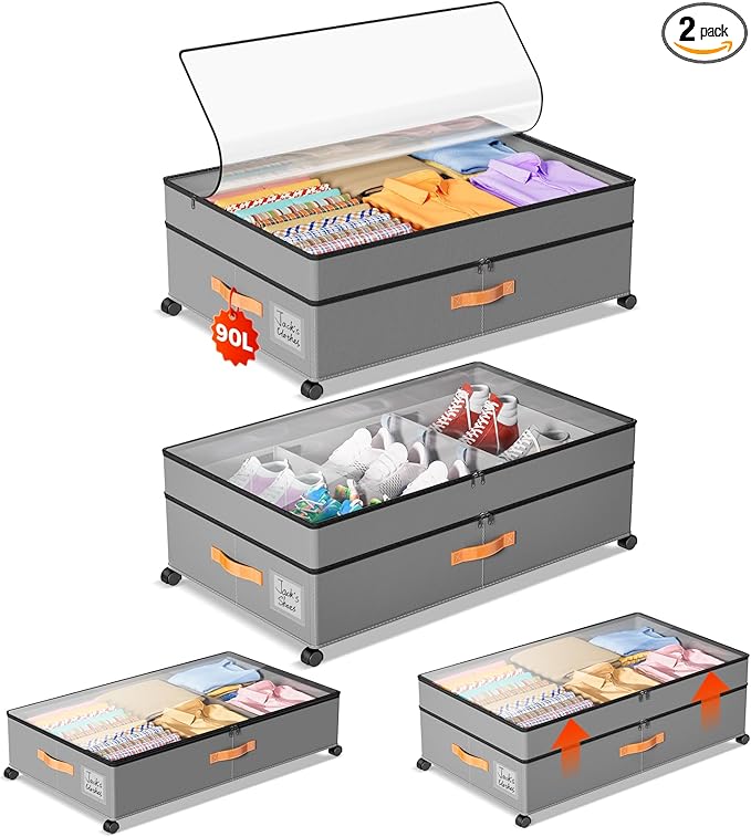 Under Bed Storage with Wheels, Large Capacity UnderBed Containers with Clear Lids, Shoe Organizer Under Bed Drawers, Rolling Under the Bed Storage for Clothes, Shoes, Blankets