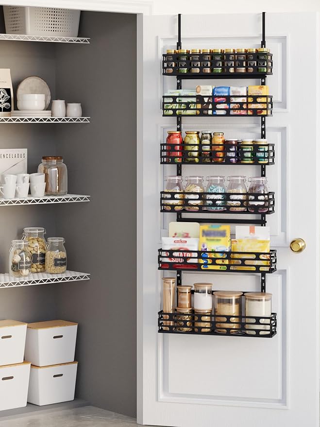 6-Tier Over The Door Pantry Organizer, Pantry Organizers and Storage, Metal Hanging Spice Rack, Over the Door Organizer for Home & Kitchen, Laundry Room Bathroom, Black