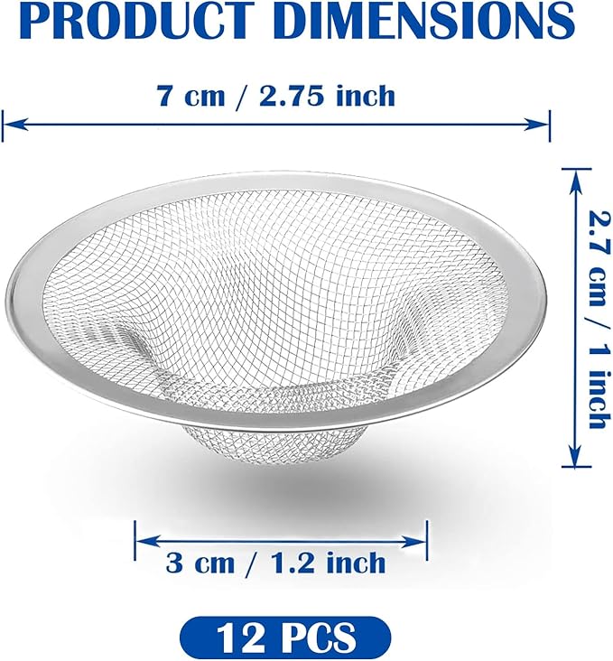 12 pcs Heavy Duty Stainless Steel Slop Basket Filter Trap, 2.75" Top / 1" Mesh Metal Sink Strainer,Perfect for Kitchen Sink/Bathroom Bathtub RV Wash Basin Floor Drain Balcony Drain Hole