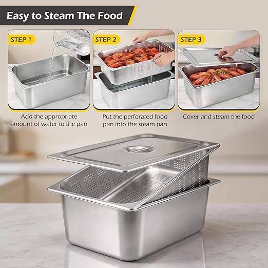 Dyna-Living 3 Pack Full Size 6 Inch, 8 Inch Hotel Pan Perforated Steam Table Pans with Lid Stainless Steel Chafing Dish Pans Commercial Food Pan for Catering Buffet Hotel Home Restaurant Supplies