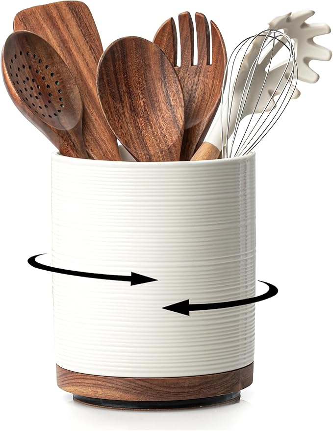 MIKIGEY Utensil Holder, 360° Rotating Extra Large Ceramic Kitchen Utensil Holder for Countertop, 7.3“ Cooking Utensil Crocks for Kitchen Counter with Rotatable Wooden Base, Farmhouse Decor, White