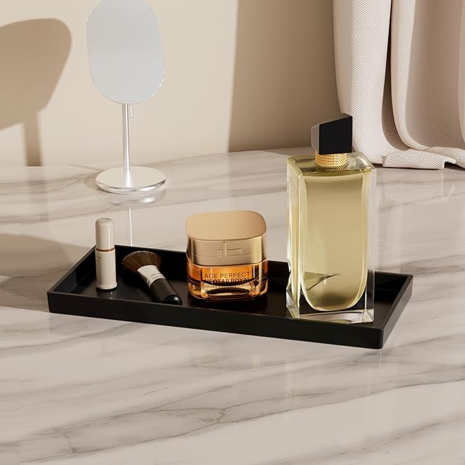 Mriluvy Vanity and Bathroom Tray, 11.8" ABS Countertop Organizer,Waterproof Vanity Tray for Toilet Tank,Perfume,Soap,Keys,Bathroom Accessories,Kitchen and Bath Trays,Non Slip Small Trays,Black,2 Pack