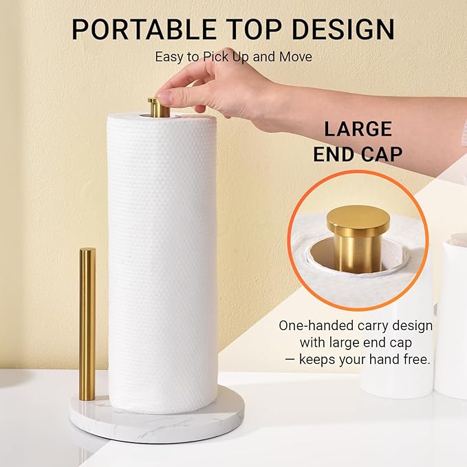 Hoooh Freestanding Paper Towel Holder for Kitchen Countertop - Non-Slip Marble Base, Brushed Gold Stainless Steel, Fits Standard & Jumbo Rolls