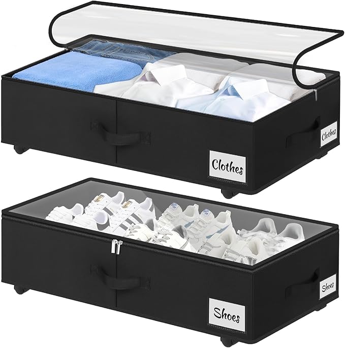 Under Bed Storage with Wheels, 2-Pack 6.7" Height XL 50L Rolling Storage Bins, Quick Assembly Underbed Shoe Storage Containers with Clear Lid & Label, Dorm Under bed Drawers for Clothes, Shoes, Black