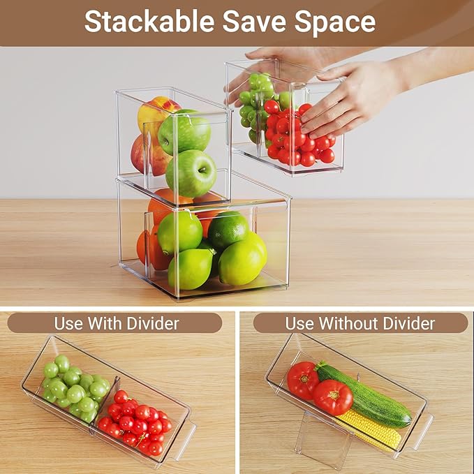 Clear Plastic Storage Bins with Dividers for Kitchen Pantry Organization, 3 Pack Thicken Stackable Storage Container Boxes for Refrigerator Cabinets Vanity Organizers and Storage, C6-1