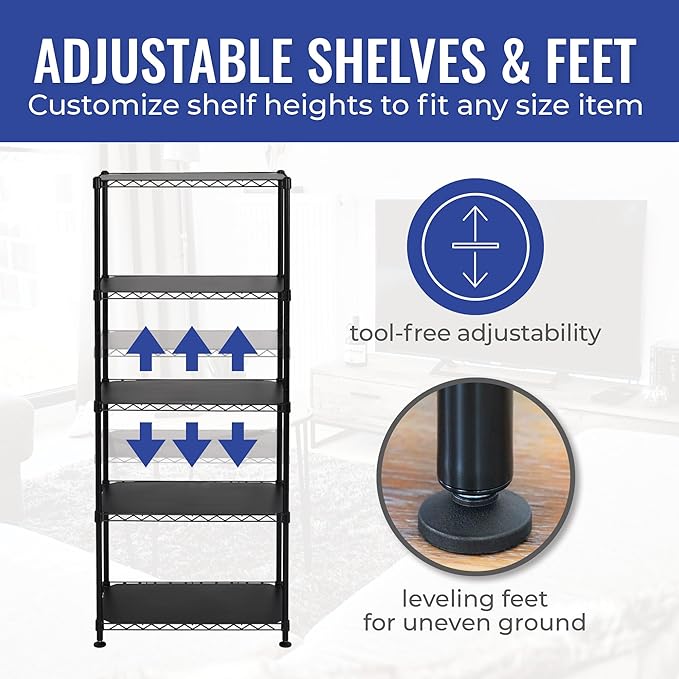 SafeRacks - NSF Certified Storage Shelves, Zinc, Heavy Duty Steel Wire Unit with Adjustable Feet, Garage or Bakers Rack, Kitchen, Pantry Shelf - (24"x14"x60" 5-Tier) (Black)