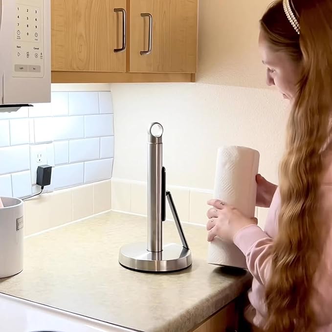 theaoo Heavy-Duty Stainless Steel Paper Towel Holder with Tension Arm – Easy One-Handed Tear, Modern Standing Countertop Dispenser for Kitchen, Holds All Paper Towel Rolls (1, Silver)