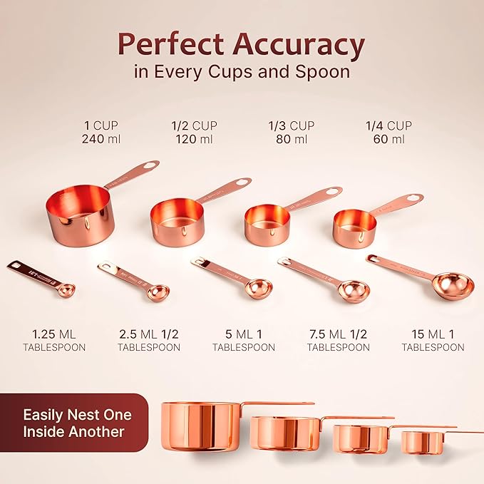 AGRUS Measuring Cups and Spoons Set of 9, Utensils for Dry and Liquid Ingredients, Copper Kitchen Accessories, Rose Copper Decor for Home, Stackable, Sturdy Stainless Steel