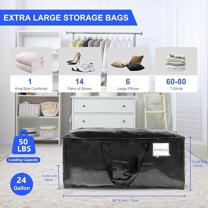 CHVEGLUZ 12 Packs Moving Bags Heavy Duty Extra Large,Storage Bags with Zipper&Handles, Sturdy&Durable Clothes Storage Bags Totes for College Dorm Essentials, Moving Boxes for College Supplies, Black