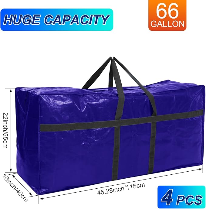 4 Pcs 66 Gallon Extra Large Moving Bags Heavy Duty Storage Bag with Strong Zipper Handle Foldable XXL Jumbo Storage Tote Packing Moving Box for College Dorm Travel Cloth Duffle (Navy Blue)