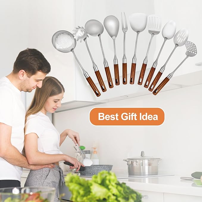 18 10 Stainless Steel Kitchen Utensils Set with Wood Handle,10PCS Metal Cooking Utensils Set, Stainless Steel Cooking Utensils Sets Heat Resistant Wok Tools(12-15in)