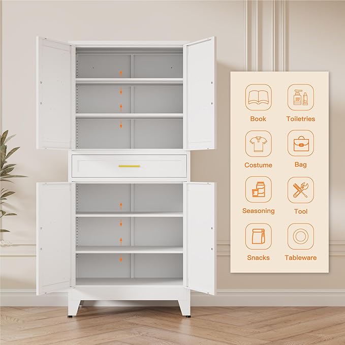 LCAOPC 71" Tall Pantry Storage Cabinet with Drawer and Adjustable Shelves, Freestanding Tall Kitchen Cupboard Storage Cabinet for Kitchen,Dining Room, Living Room, White