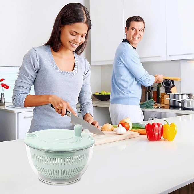 Multi-Use Large Salad Spinner, 5.3 Qt Vegetables Fruits Wash Spinner Bowl,Lettuce Dryer with 5 Blades,Egg Yolk Strainer Slicer Shredder, Salad Bowl for Efficient Preparation-Green