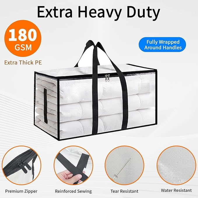 12 Pack-Extra Large Heavy Duty Moving Bags - Waterproof Storage Totes with Handles & Zippers, Foldable for College Dorm, Storage (Clear)