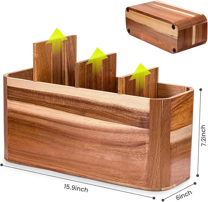 Utensil holder for Kitchen Counter - Large Kitchen Utensil Holder Organizer for Counter or Countertop, Large Wooden Utensil Holder with 4 Compartment（Acacia Wood）