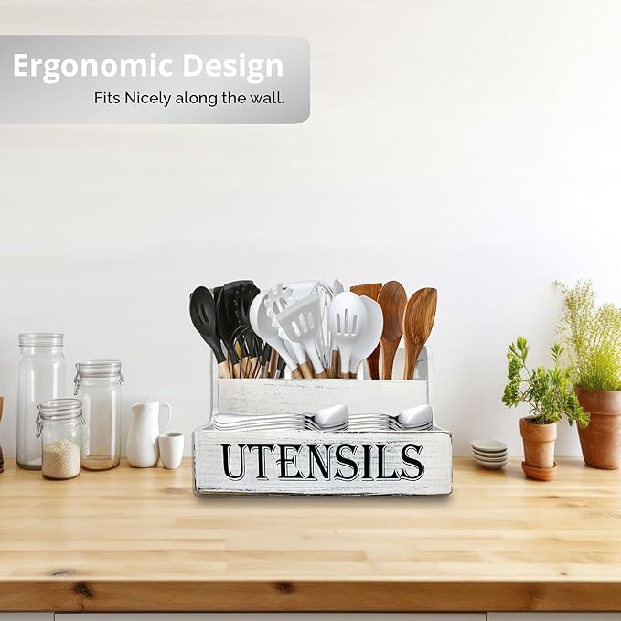 JKS Essentials Large Wooden Kitchen Utensil Holder with 4 Compartments | White Farmhouse Utensil Organizer for Countertop, Rustic Cooking Utensil Caddy, Silverware & Spoon Storage | White Wood Grain