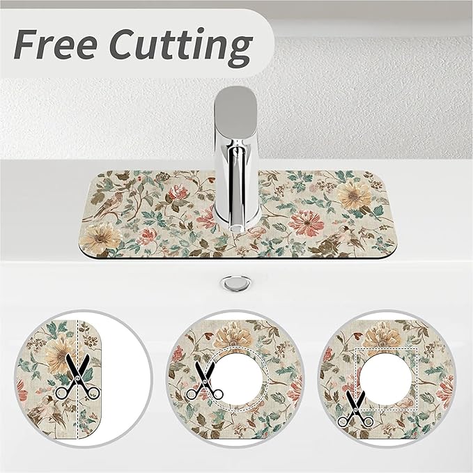 Kitchen Sink Splash Guard，Charming flowers Faucet Mat Sink Gadgets-Super Absorbent Fast Drying Mat Drip Catcher for Kitchen, Bathroom,Sink Mat, Dish Drying Mat, Bathroom(15" X 5.5" )