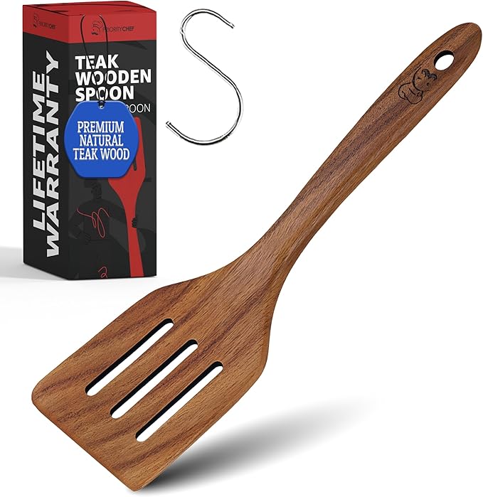 PriorityChef Teak Wooden Slotted Turner - Nonstick-Safe Cooking Spatula for Flipping, Stirring & Serving, Handcrafted from Single Block of Wood, Durable & Easy to Clean