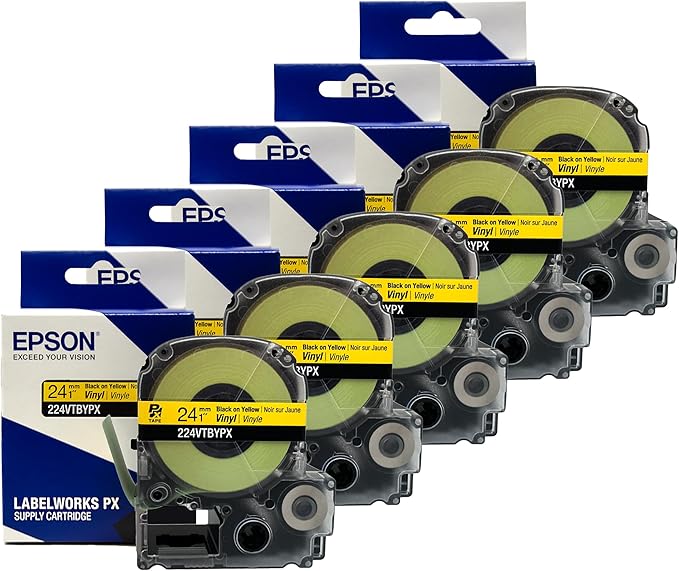 Epson LABELWORKS 224VTBYPX-5PK Genuine Tape Cartridge - Black on Yellow Flexible and Durable Vinyl Industrial Label Maker Tape - 1" (24MM) Wide, 22.9 ft - 5 Pack