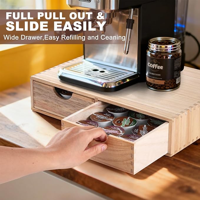 QYJinlida Wooden K Cup Organizer Coffee Pod Storage Box, Coffee Pod and Tea Bag Holder,Kcup Drawer Coffee Maker Stand,Home Kitchen Counter Holds Up to 30 Pods Capacity (2 Drawer) (Natural Wood Color)