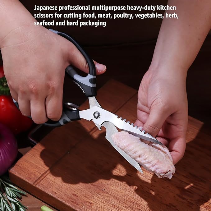 BoFuYuan Kitchen Scissors, 9-Inch Heavy Duty Multipurpose Food Cutting Shears, Detachable Dishwasher Safe, Sharp Serrated Blade, Ergonomic Non-Slip Handle for Food, Meat, Herbs, Black