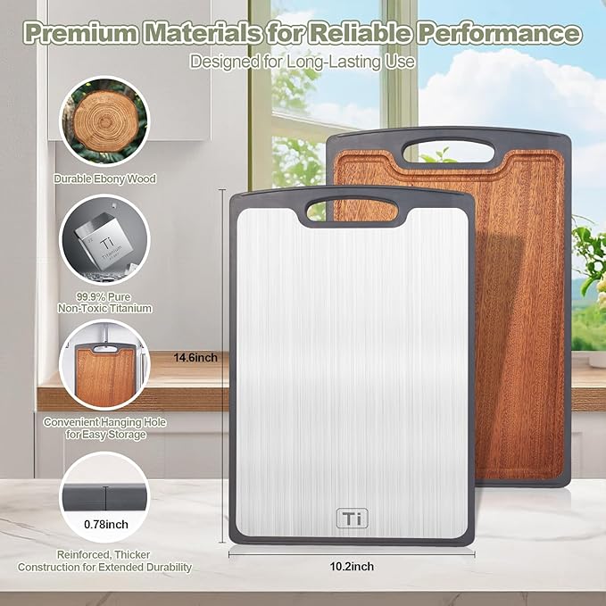 Titanium Cutting Boards for Kitchen, 2-in-1 Double-Sided Wood Cutting Board with Juice Groove, Food-Grade GR1 Titanium & Ebony, Easy to Clean and Dishwasher Safe for Meat & Veggies
