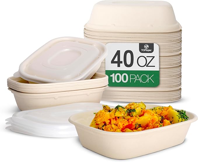 TOPtoper 100 Pack 40 Oz Large Paper Bowls with Lids, Heavy Duty Compostable Paper Bowls for Party, Disposable Bowls Bulk Leakproof and Microwave Safe for Hot/Cold Use