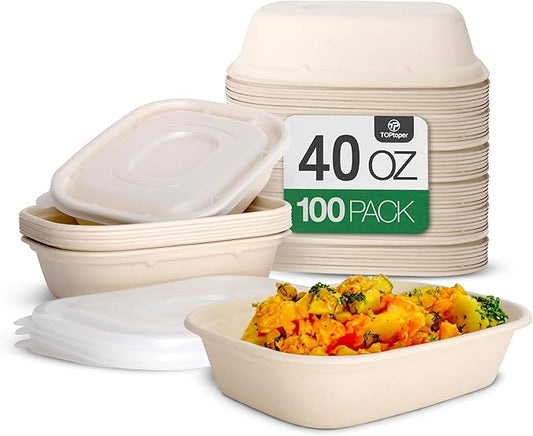 TOPtoper 100 Pack 40 Oz Large Paper Bowls with Lids, Heavy Duty Compostable Paper Bowls for Party, Disposable Bowls Bulk Leakproof and Microwave Safe for Hot/Cold Use