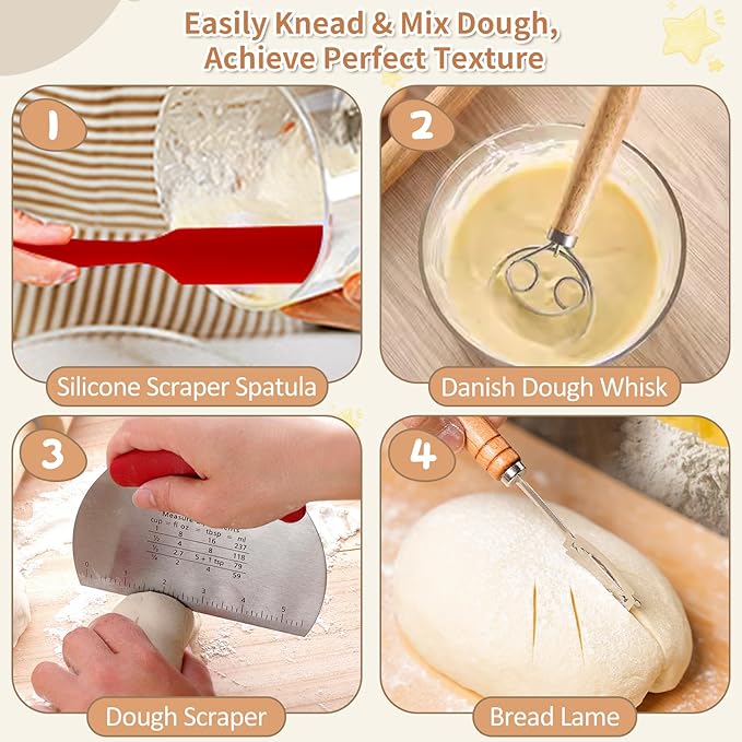 SOURACE Sourdough Starter Kit with 10" Round & 9" Oval Banneton Proofing Basket and Starter Jar, Complete Sourdough Bread Baking Supplies and Baking Gifts for Women, Men, and Bread Bakers
