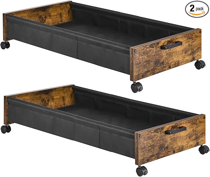 Under Bed Storage with Wheels, Wooden Under Bed Drawers On Wheels, Rolling Under Bed Shoe Storage, Space Saving, Rustic Brown,50L