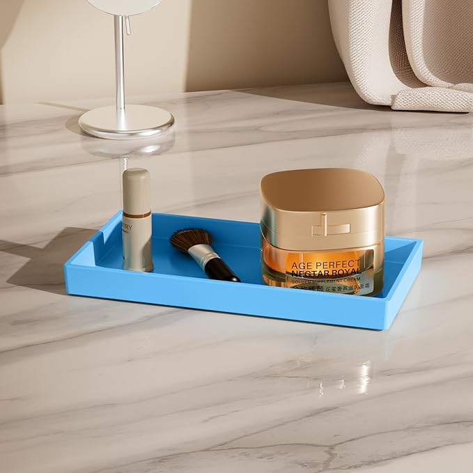 Mriluvy Vanity and Bathroom Tray, 7.7" ABS Countertop Organizer,Waterproof Vanity Tray for Toilet Tank,Perfume,Soap,Keys,Bathroom Accessories,Kitchen and Bath Trays,Non Slip Small Trays,Blue