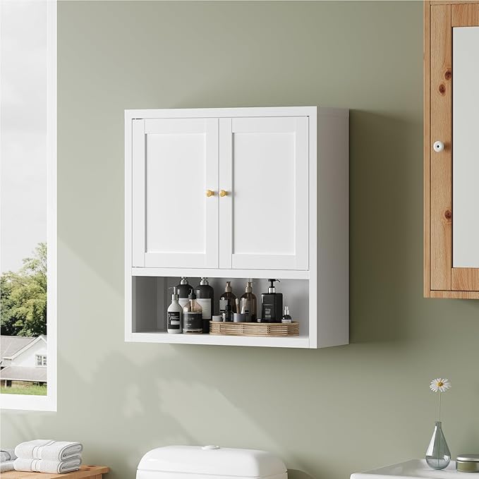 YAUWOH Metal Bathroom Storage Cabinet, Metal Storage Cabinet with 2 Adjustable Shelves & 2 Doors,Freestanding Sideboard for Small Spaces (White, Wall Cabinet-22.59" H)