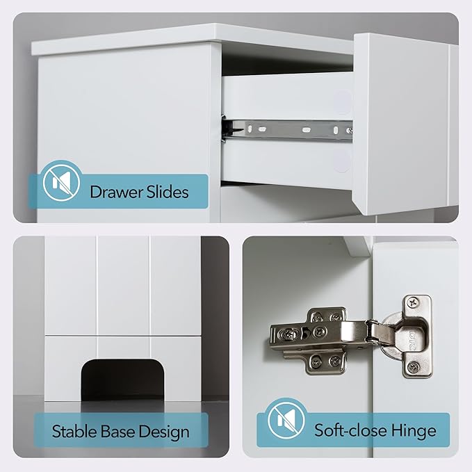 VANIRROR Small Bathroom Cabinet with Adjustable Shelves, Drawer, Anti-Tip Design, 14.96" L x 11.81" W x 32.09" H, Durable MDF for Bathroom, Kitchen, Laundry, Soft-Close Door