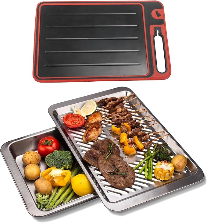 Grilling Prep and Serve Trays, Stainless Steel Large Capacity Food Prep Tray, Grill Carry System, Marinade Container and Cutting Board, BBQ Grill Accessories, Grilling Gifts for Men